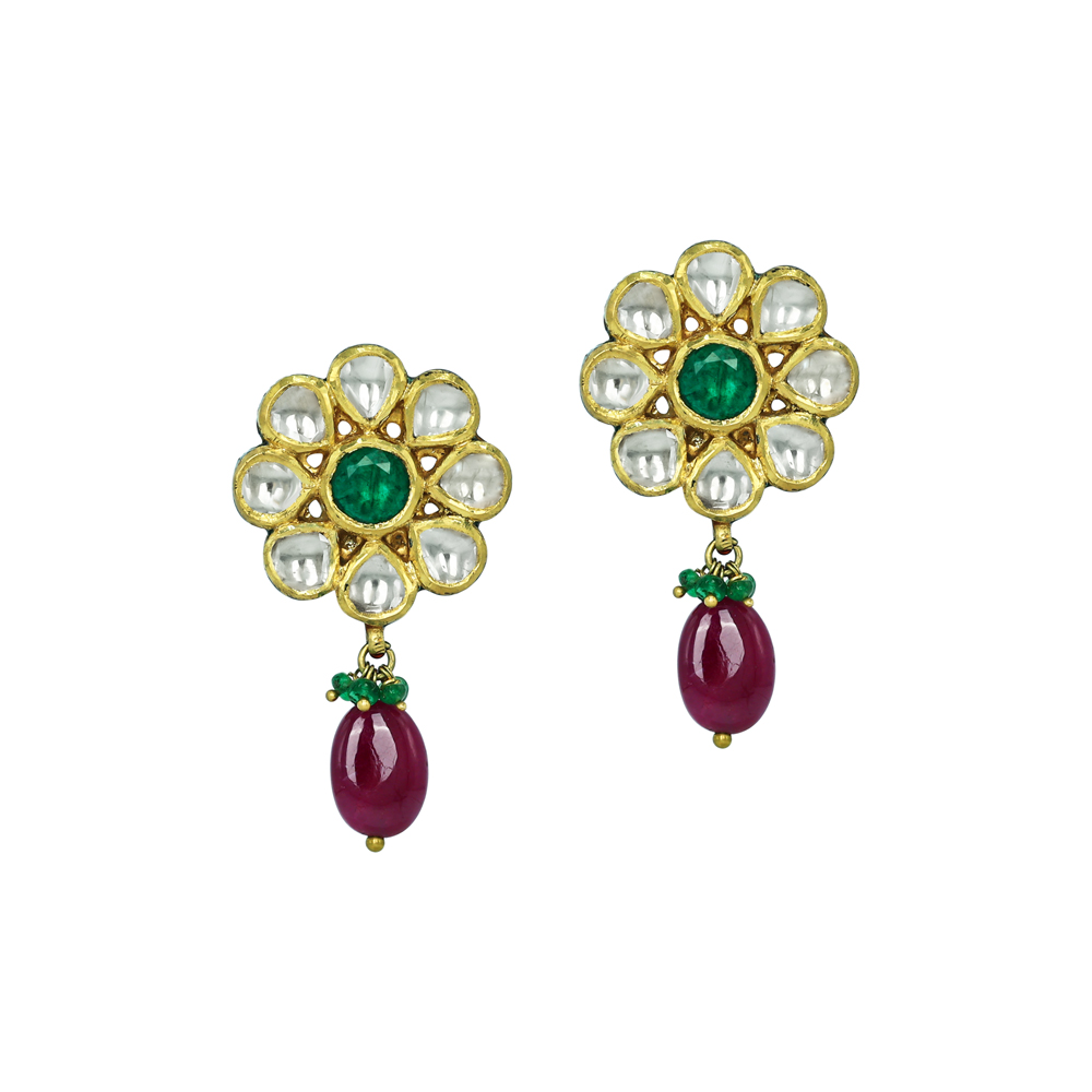 Round Polki Earrings with Emerald Center and Ruby Drops